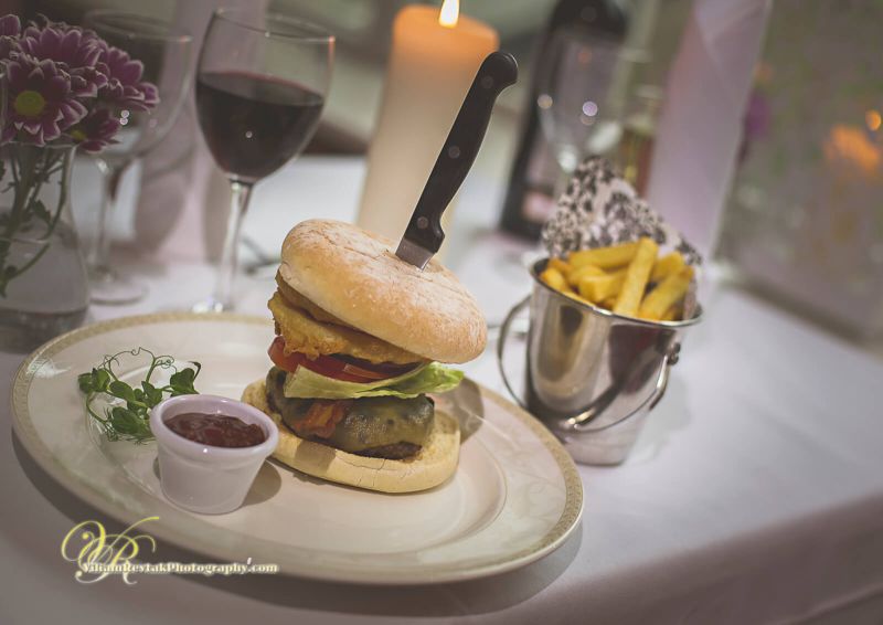 Abbey Tower Burger with Onion Rings and French Fries