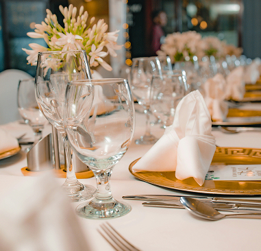 A set table with tableware and decorations