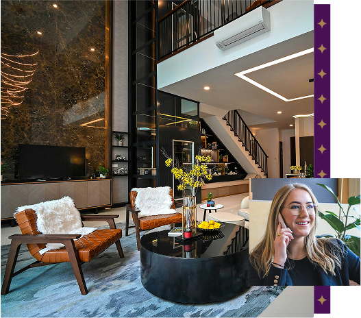 Hotel foyer with image of woman on the phone.