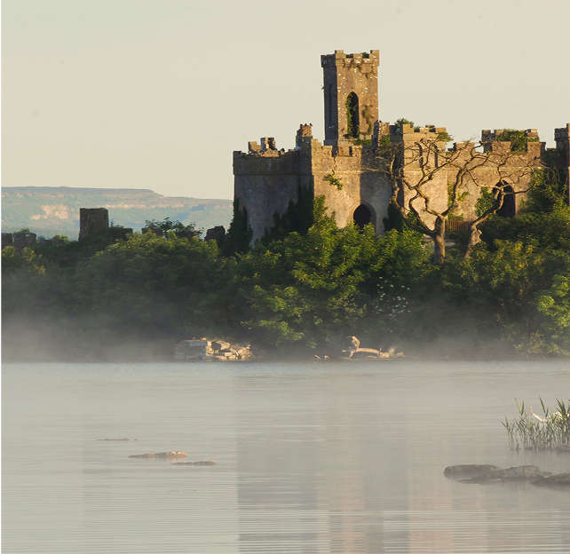 MacDermott Castle on Castle Island surrounded by water