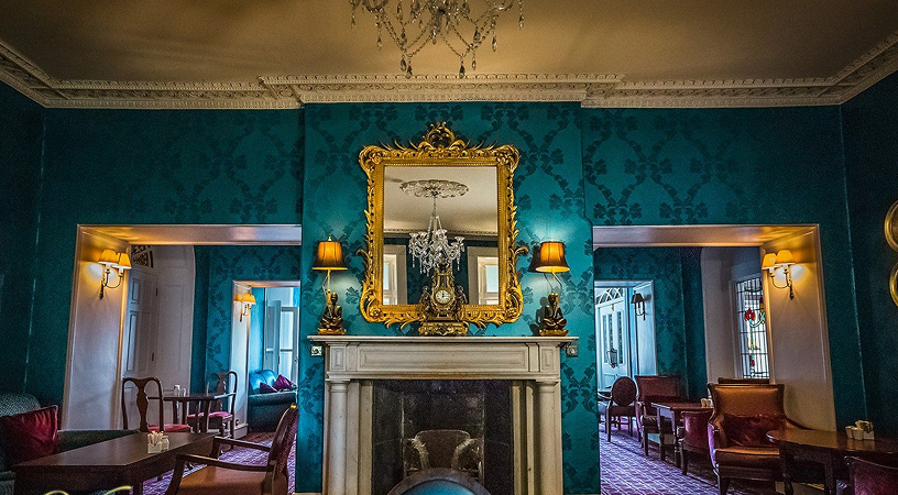 hotel restaurant with a fireplace