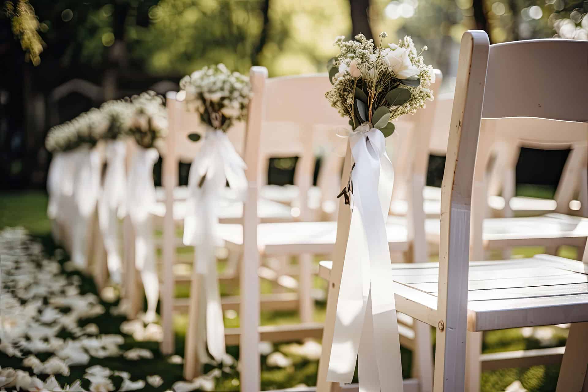 Floral bouquets lining the aisle of a stunning outdoor wedding.