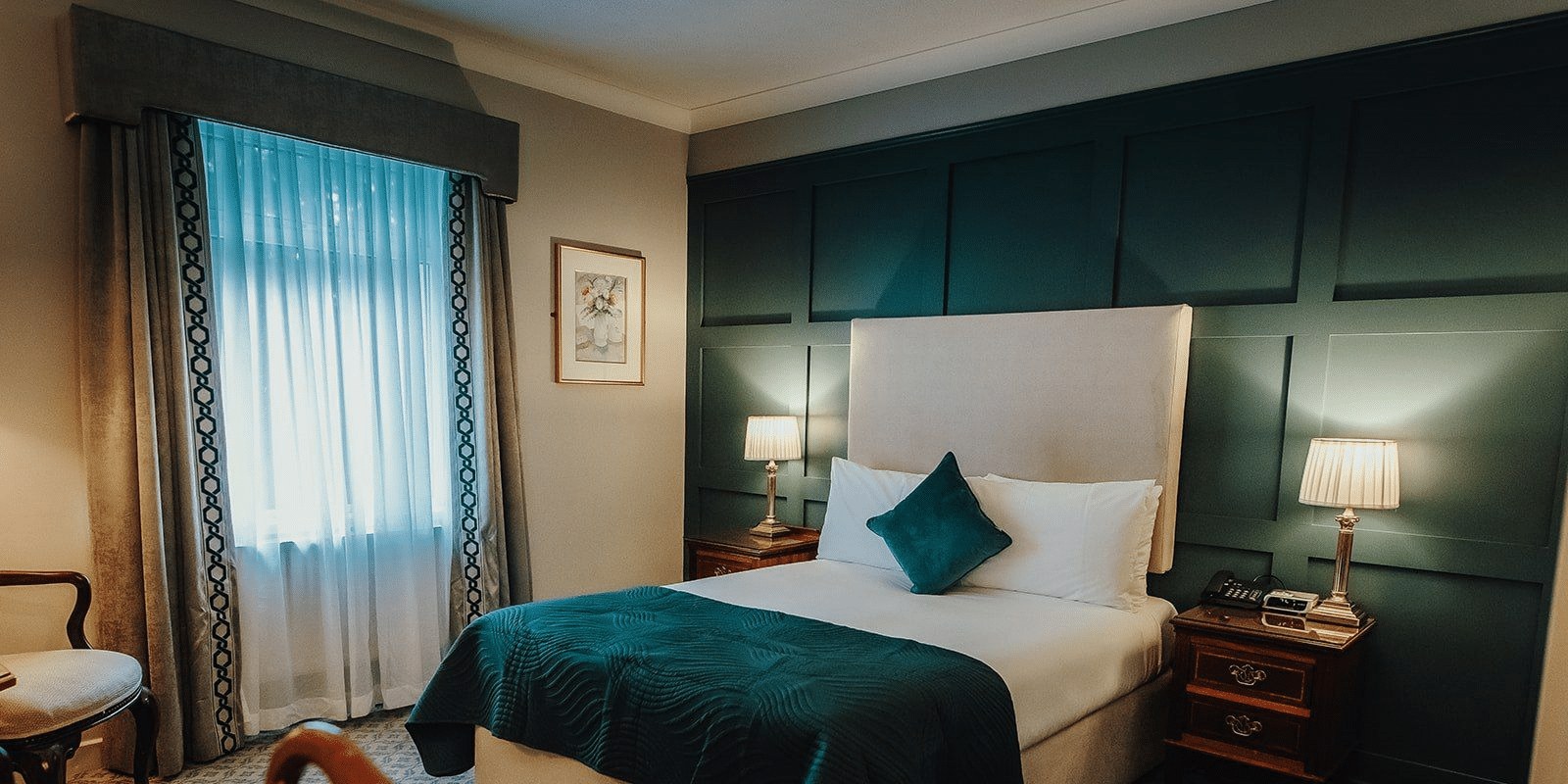 Cozy hotel room interior with bed and decor